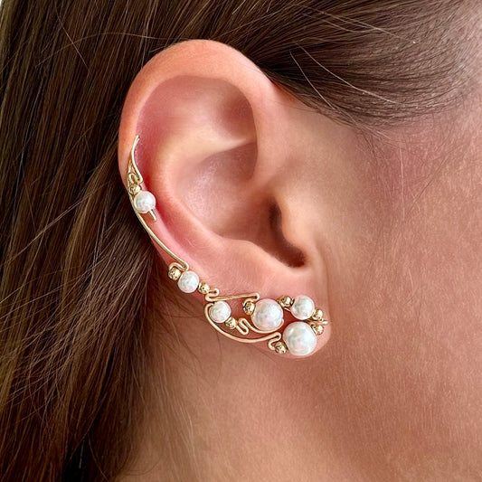 Trepadores de orejas de vid con perlas - Oro 14K
