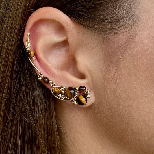 Vine ear climbers with tiger eye - 14K Gold
