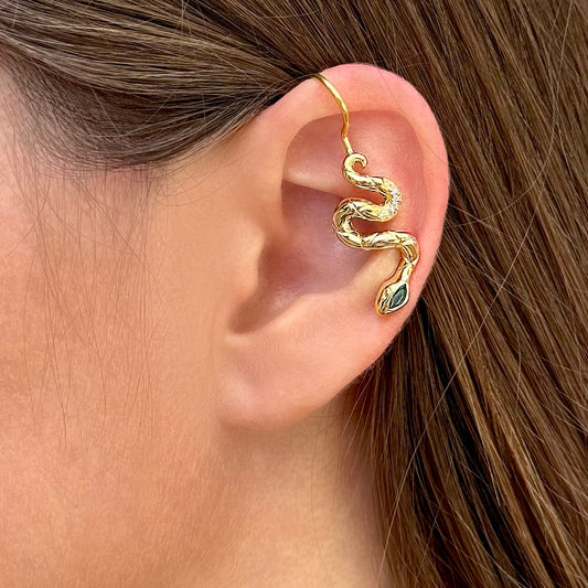 Snake non-pierced ear cuff with CZ diamonds -  Gold