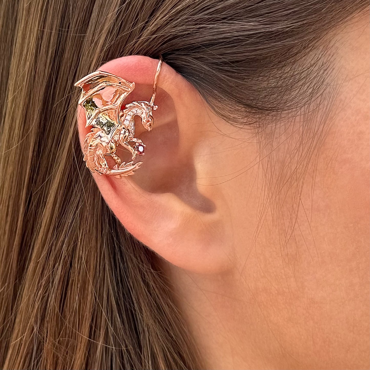Dragon non-pierced ear cuff with CZ diamonds -  Black Silver