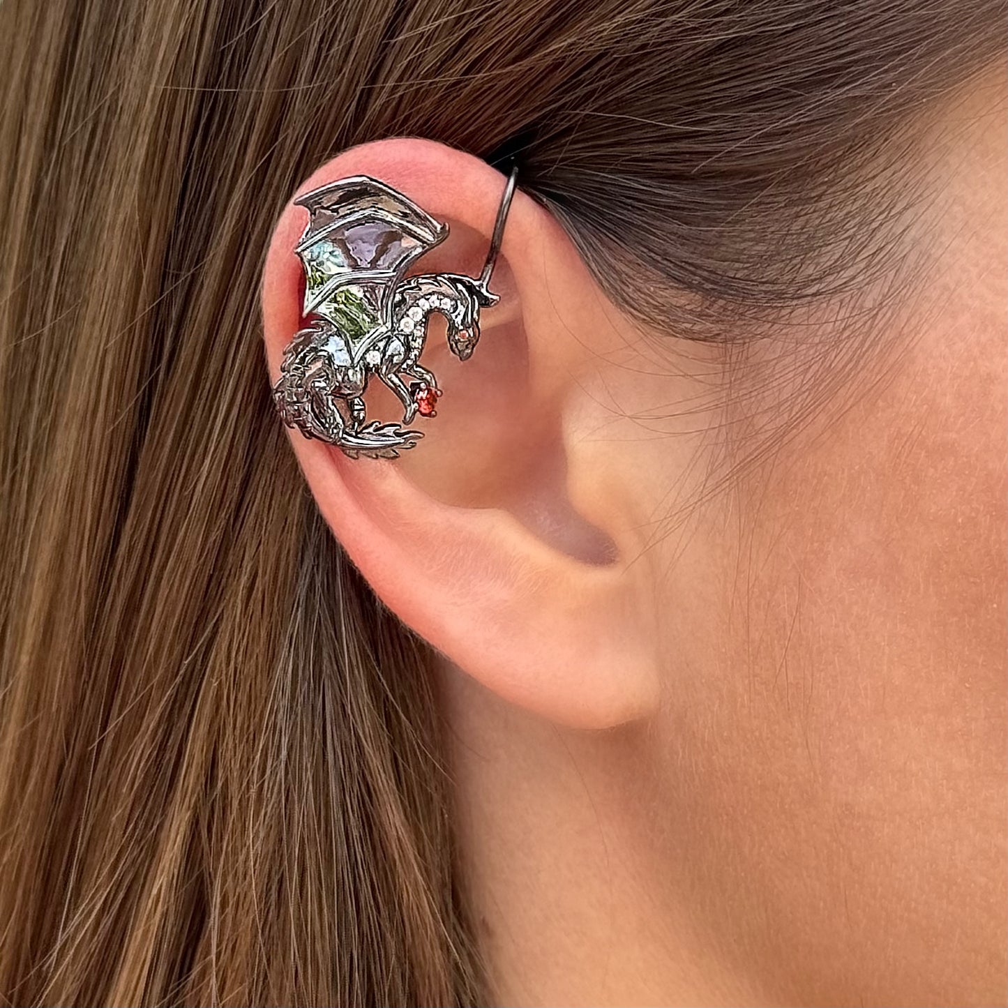 Dragon non-pierced ear cuff with CZ diamonds -  Black Silver