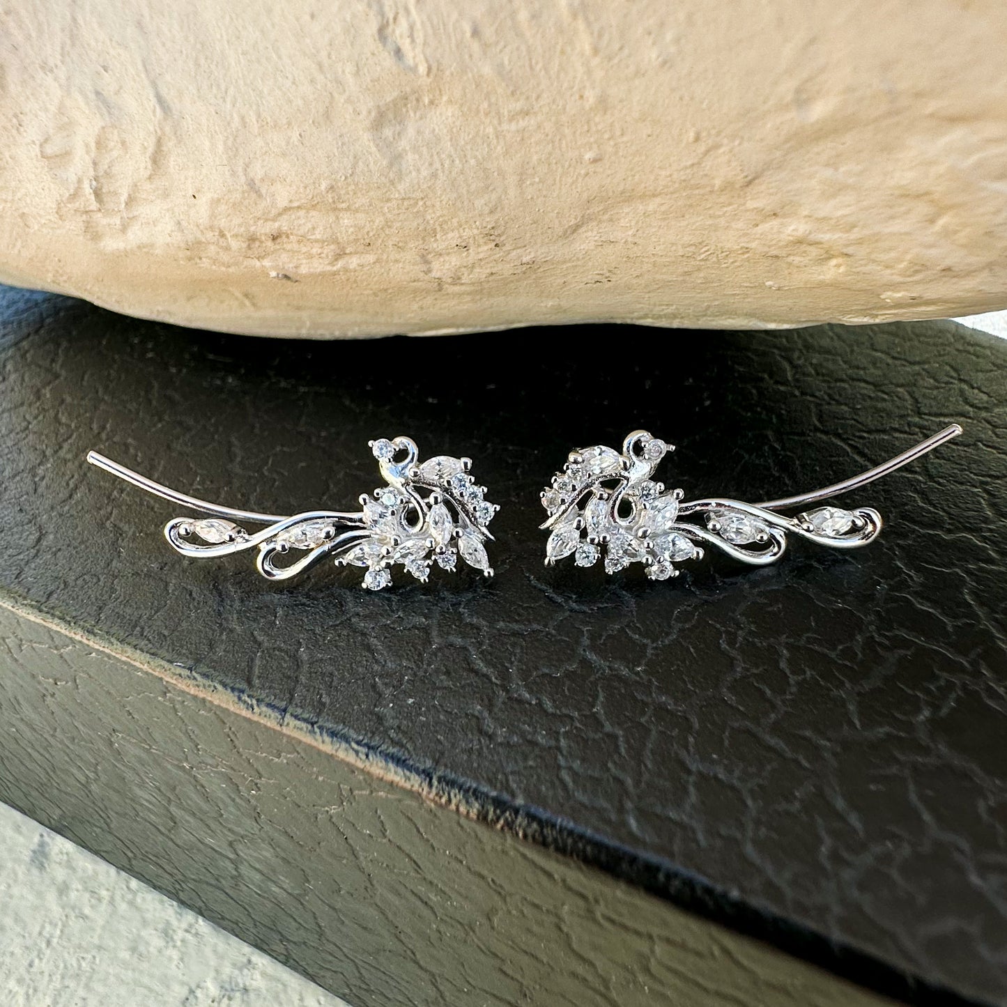 Lotus ear climbers with CZ diamonds - Sterling Silver 925