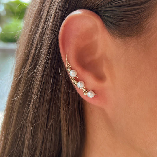 Trepadores de orejas de ala con perlas - Oro 14k 