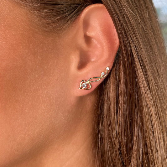 Hearts ear climbers with CZ diamonds - 14K Gold