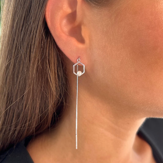 Hexagon threader earrings with pearls and CZ - Sterling silver 925
