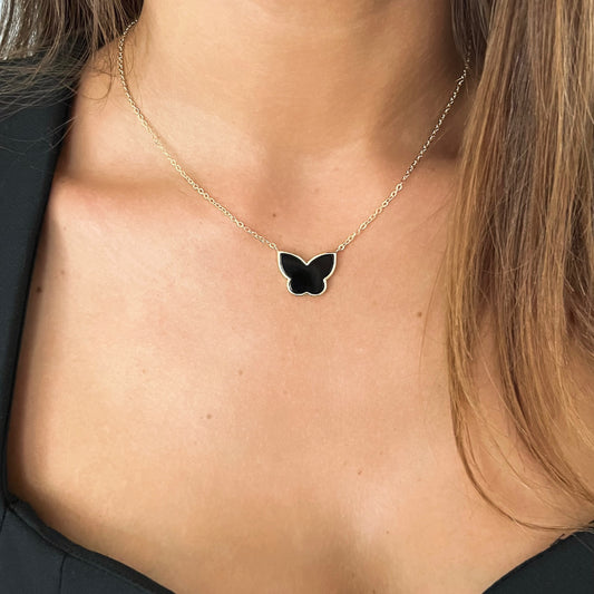 Butterfly necklace  Gold plated with black stone