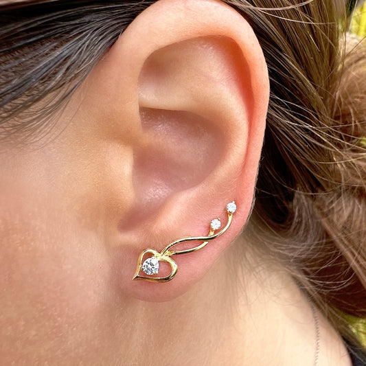 Hearts ear climbers with CZ diamonds - 14K Gold