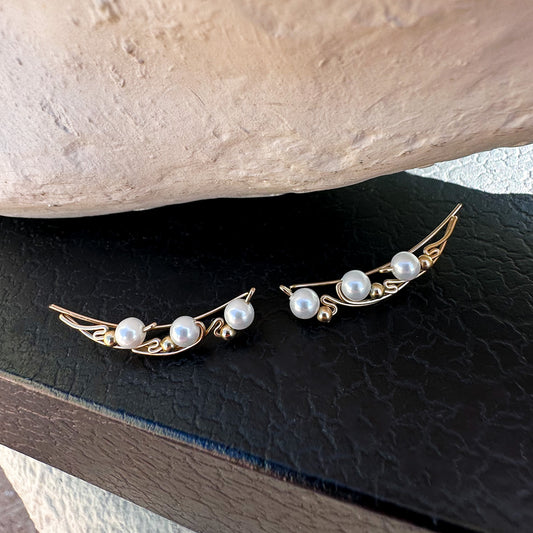 Wing  ear climbers with pearls  - 14k Gold