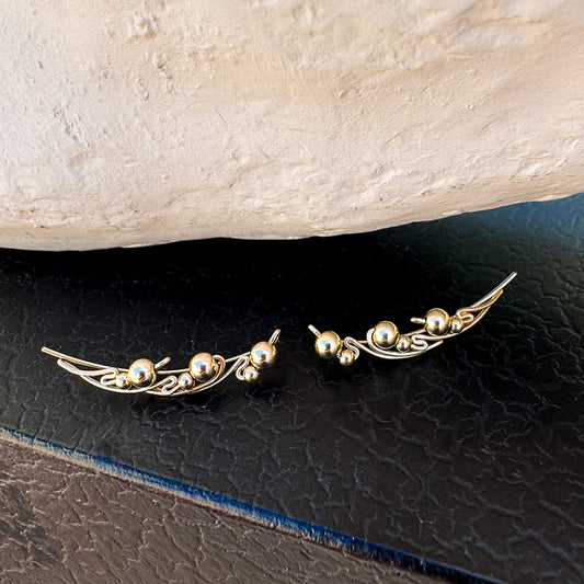 Wing  ear climbers with gold beads - 14k Gold
