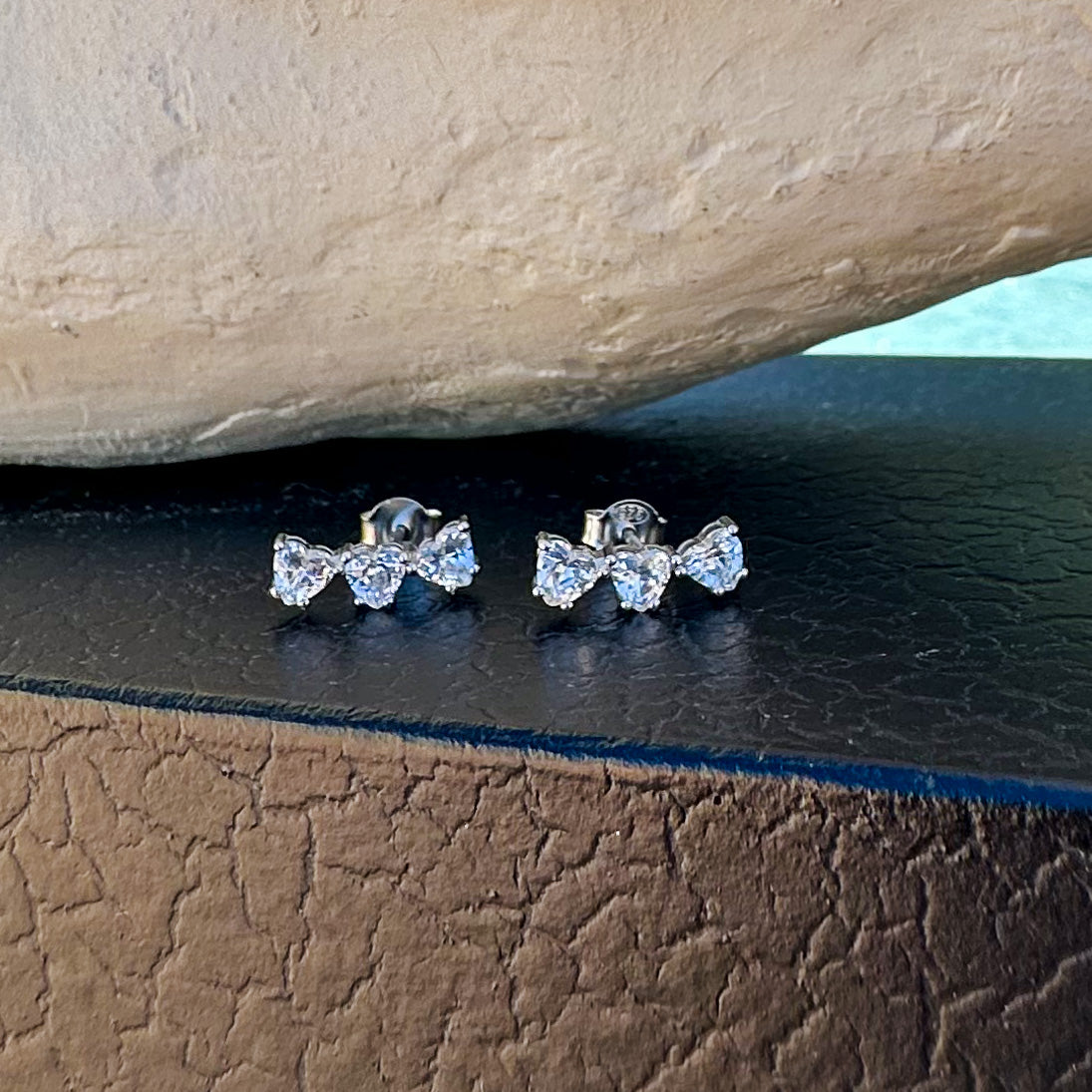 Trio hearts stud earrings with CZ diamonds - Sterling silver 925