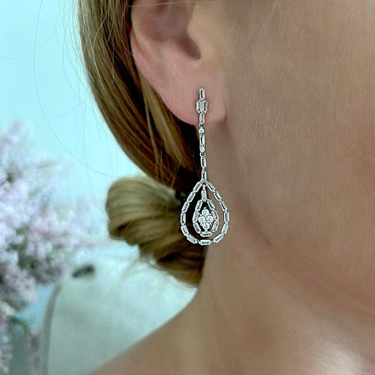 Fancy Baguette drop earrings with CZ diamonds - Sterling Silver 925