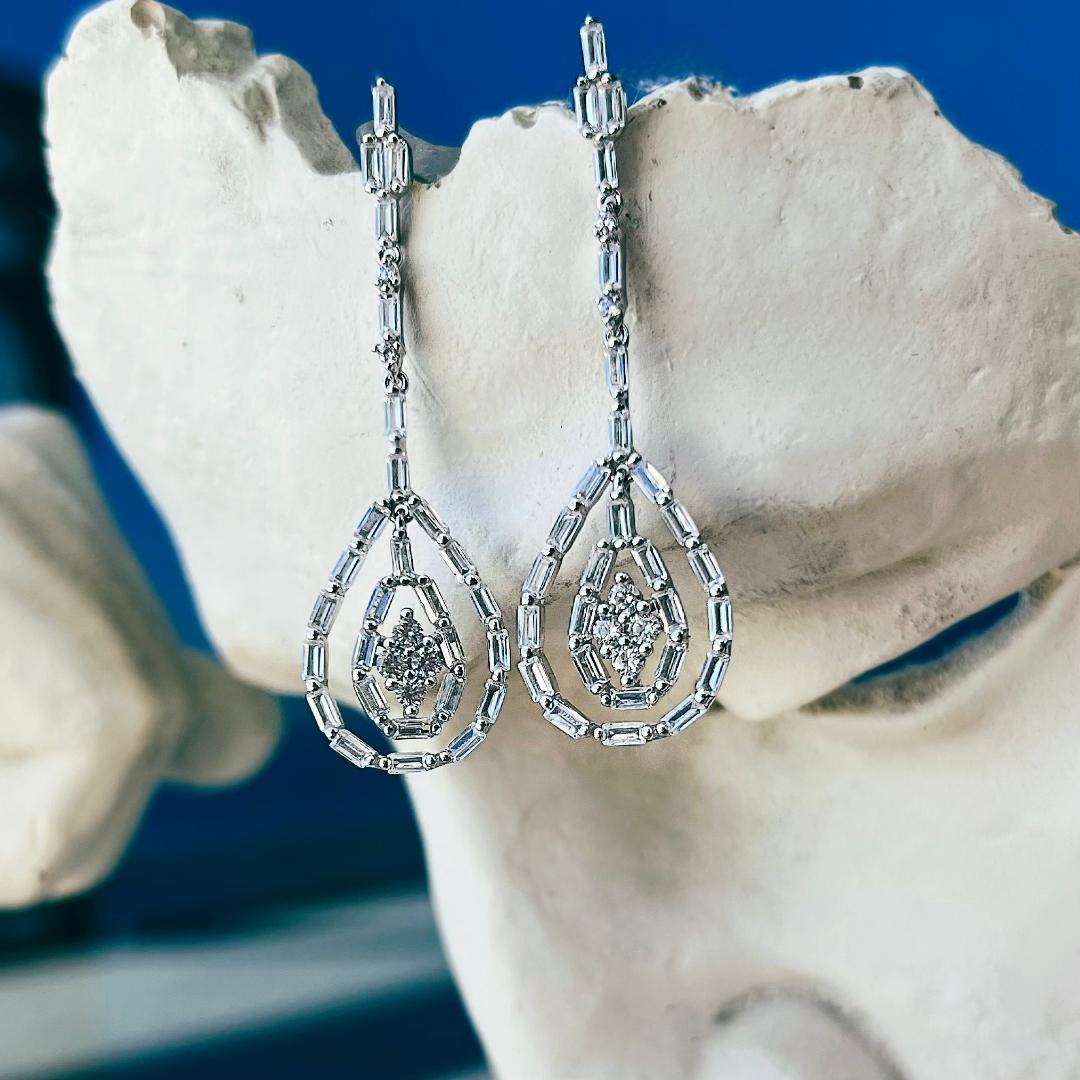 Fancy Baguette drop earrings with CZ diamonds - Sterling Silver 925