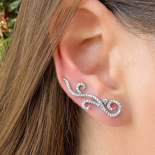 Leaf ear climbers with CZ diamonds  - Sterling Silver 925