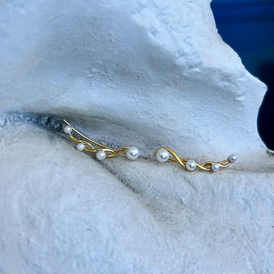 Pendientes trepadores infinito oro perla con diamantes simulados - Plata de ley 925