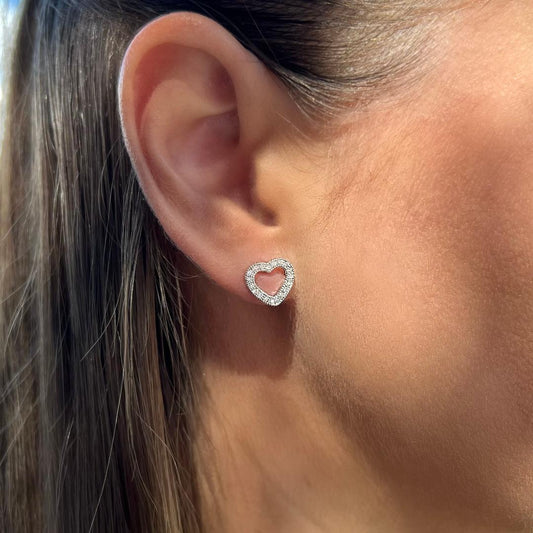 Open heart stud earrings with CZ diamonds - Sterling silver 925