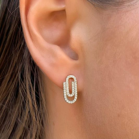 Paperclip stud 14K Gold plated earrings with CZ - 14K Gold plated