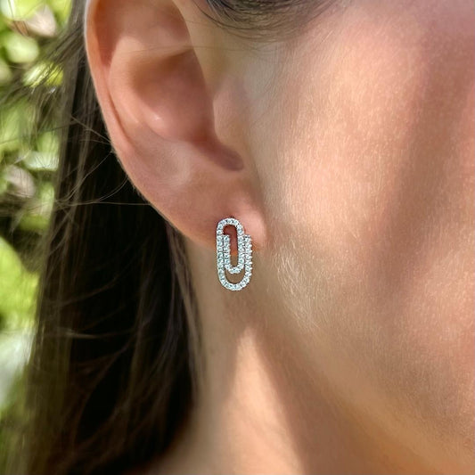 Paperclip stud earrings with CZ - Sterling Silver 925