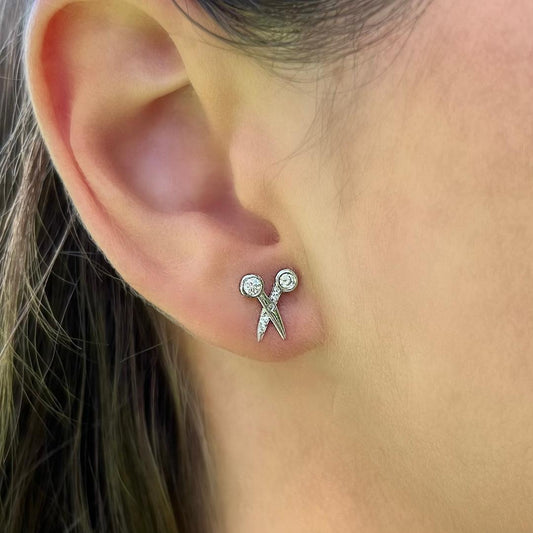 Scissors stud earrings with CZ - Sterling Silver 925